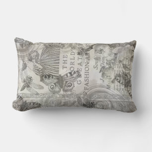 vintage Botanical Butterfly Script Black and white Lumbar Cushion