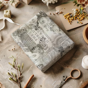 vintage Botanical Butterfly Script Black and white Tissue Paper