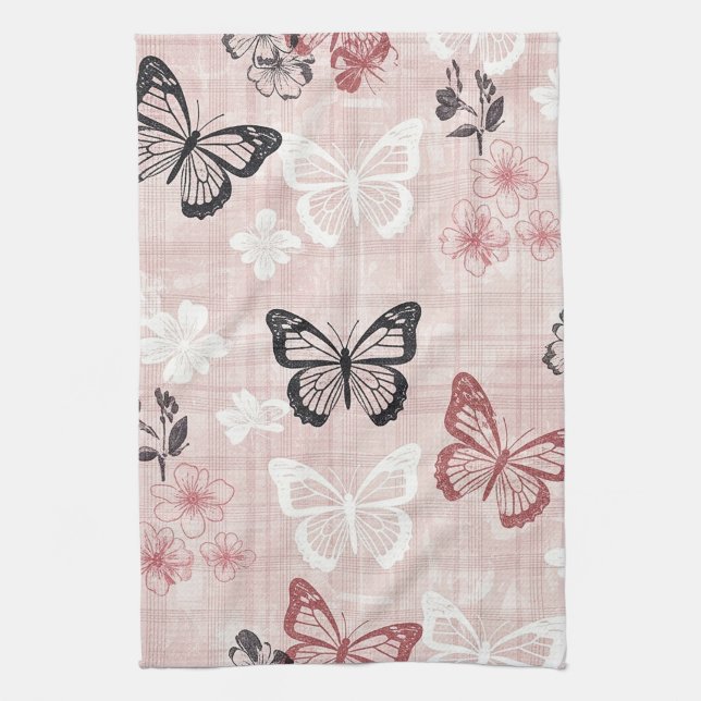 Vintage Botanical Butterfly Toile Pattern (1) Tea Towel (Vertical)