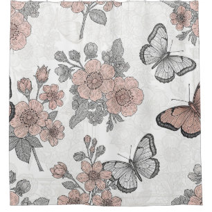 Vintage Botanical Butterfly Toile Pattern (2) Shower Curtain