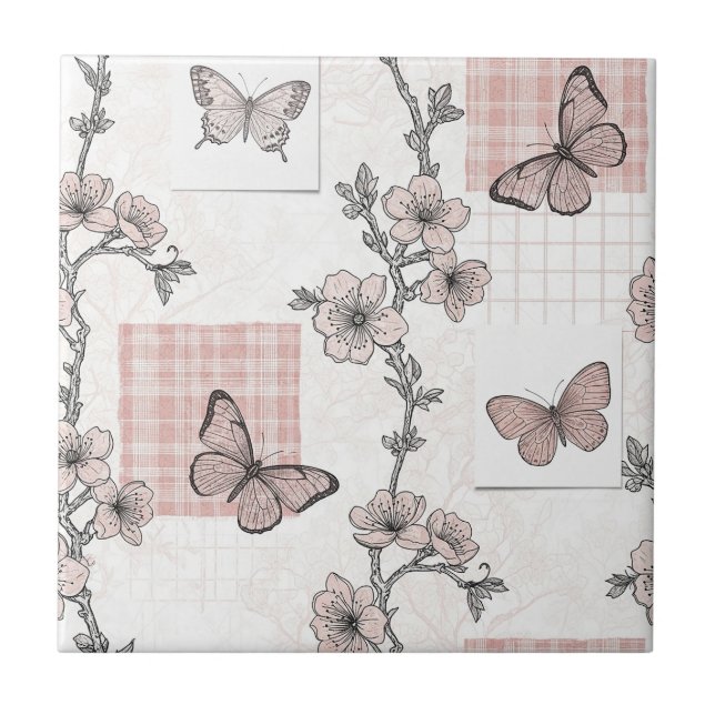 Vintage Botanical Butterfly Toile Pattern (5) Tile (Front)