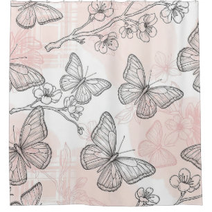 Vintage Botanical Butterfly Toile Pattern (6) Shower Curtain