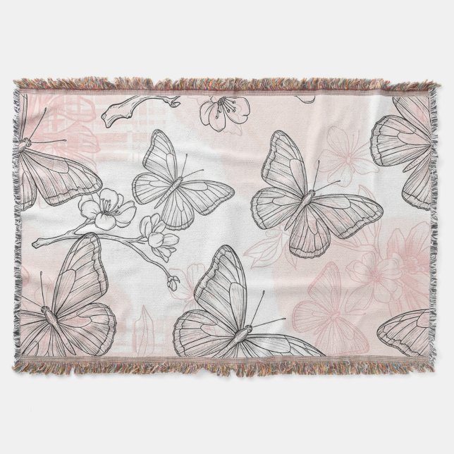 Vintage Botanical Butterfly Toile Pattern (6) Throw Blanket (Front)