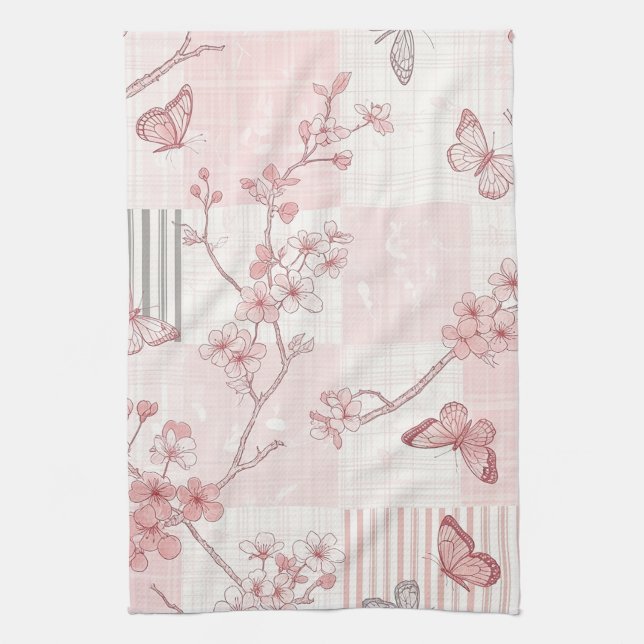 Vintage Botanical Butterfly Toile Pattern (7) Tea Towel (Vertical)