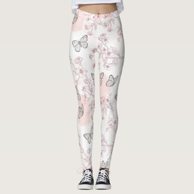 Vintage Botanical Butterfly Toile Pattern (8) Leggings (Front)