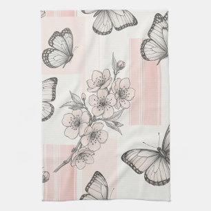 Vintage Botanical Butterfly Toile Pattern (9) Tea Towel
