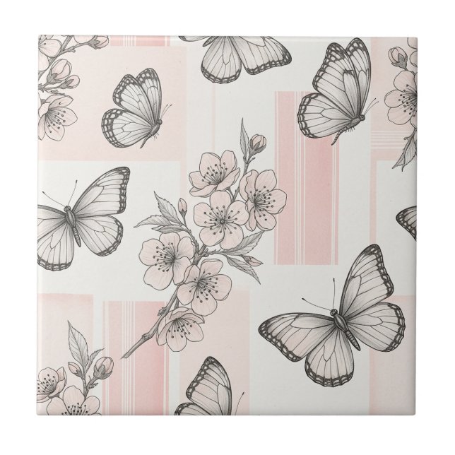 Vintage Botanical Butterfly Toile Pattern (9) Tile (Front)