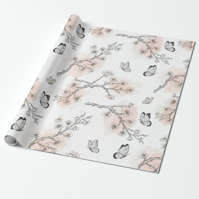 Vintage Botanical Butterfly Toile Pattern (9) Wrapping Paper (Unrolled)