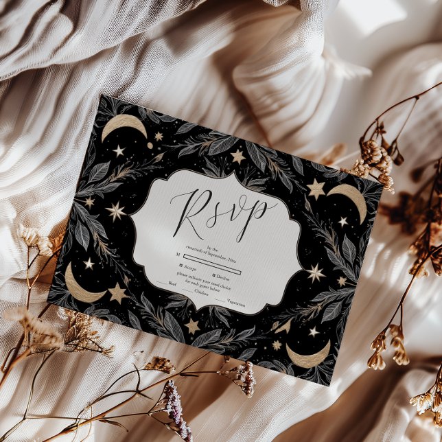 Vintage Botanical Celestial Moon Stars Wedding RSVP Card (Creator Uploaded)