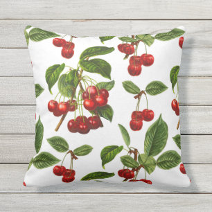 Vintage Botanical Cherries Print on White Cushion