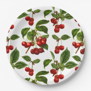Vintage Botanical Cherries Print on White Paper Plate