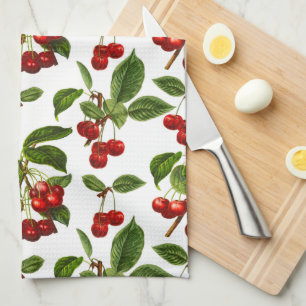 Vintage Botanical Cherries Print on White Tea Towel
