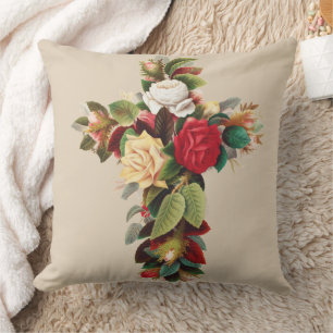 Vintage Botanical Cross of Roses Religious Art Cushion