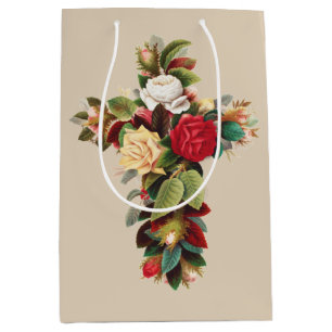 Vintage Botanical Cross of Roses Religious Art Medium Gift Bag