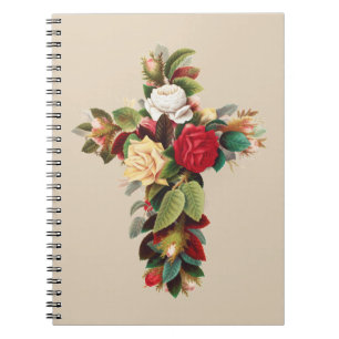 Vintage Botanical Cross of Roses Religious Art Notebook
