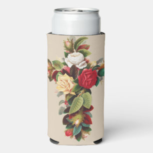 Vintage Botanical Cross of Roses Religious Art Seltzer Can Cooler