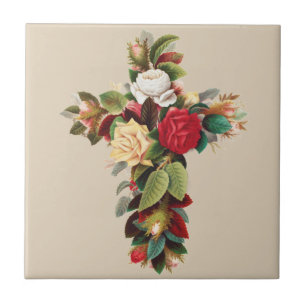 Vintage Botanical Cross of Roses Religious Art Tile