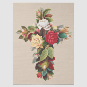 Vintage Botanical Cross of Roses Religious Art Tissue Paper