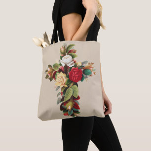 Vintage Botanical Cross of Roses Religious Art Tote Bag