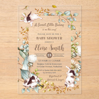 Vintage Botanical Cute Bunny Rabbits Baby Shower Acrylic Invitations