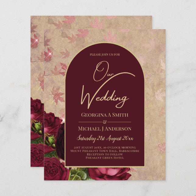 Vintage Botanical Deep Red Roses Wedding Gold Text (Front/Back)