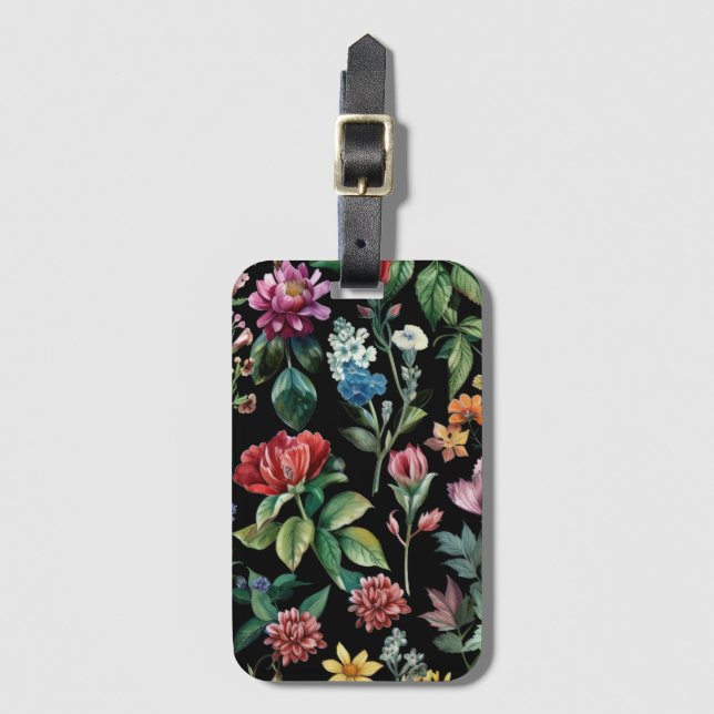 Vintage Botanical Elegance Black Luggage Tag (Front Vertical)