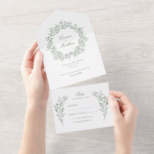 Vintage Botanical Elegant Sage Foliage Wedding All In One Invitation