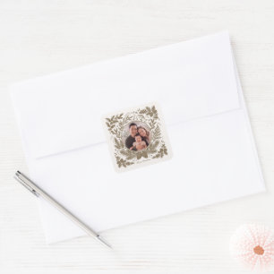 Vintage Botanical Family Photo Christmas - Brown Square Sticker
