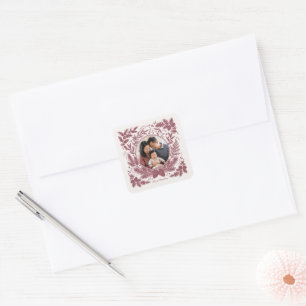 Vintage Botanical Family Photo Christmas - Red Square Sticker
