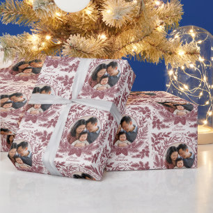 Vintage Botanical Family Photo Christmas - Red Wrapping Paper