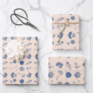 Vintage Botanical Floral Illustration Pattern Blue Wrapping Paper Sheet