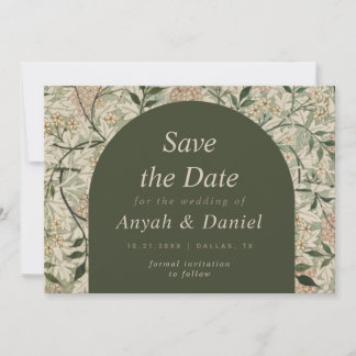 Vintage Botanical Floral & Moss Green Boho Arch Save The Date