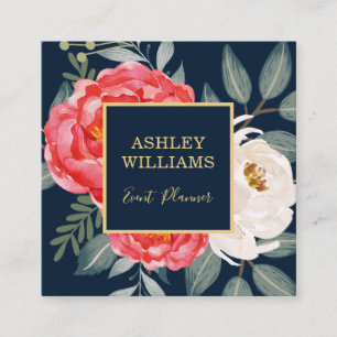 Vintage Botanical Floral / Navy Red Gold Square Business Card