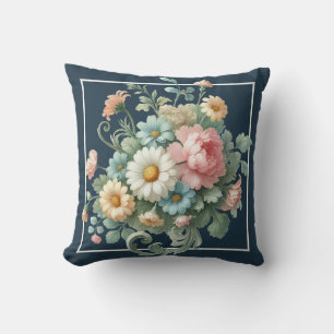 Vintage Botanical Floral Pastel on Dark Blue Cushion