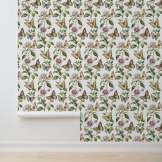 Vintage botanical floral with butterfly wallpaper