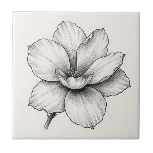 Vintage Botanical Flower Ink Sketch Line Tile
