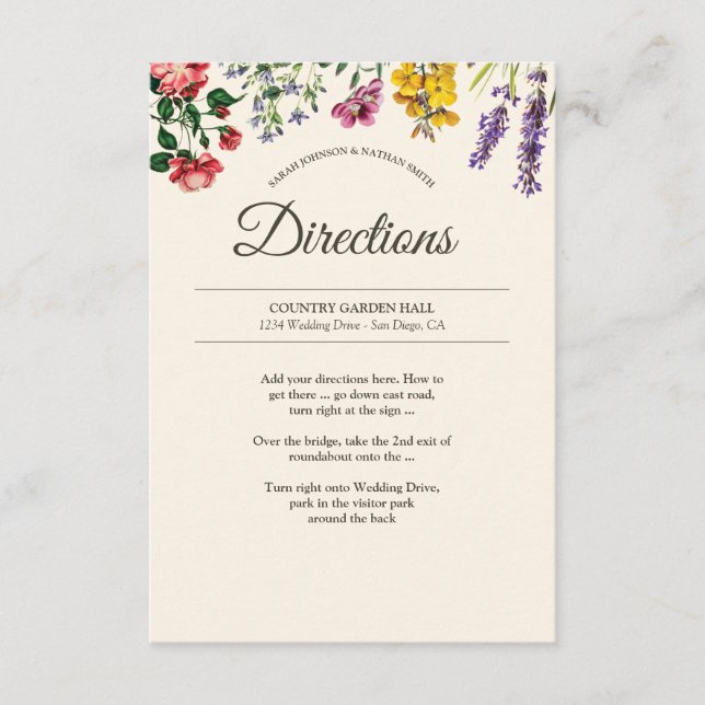 Vintage Botanical Flower Wedding Directions Info Enclosure Card (Front)