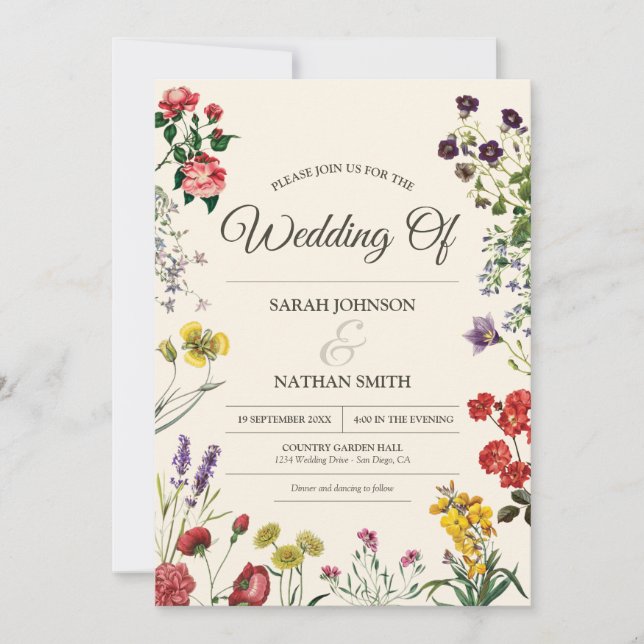 Vintage Botanical Flower Wedding Invitation (Front)
