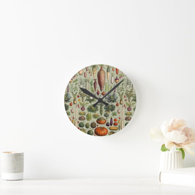 vintage botanical French garden vegetables  Round Clock (Home)