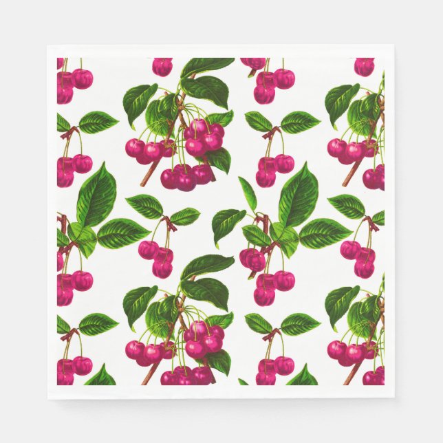 Vintage Botanical Fuchsia Pink Cherries Print Napkin (Front)