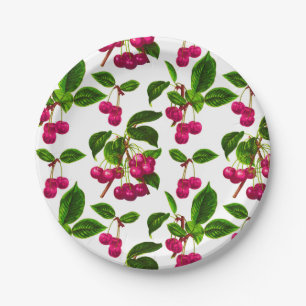 Vintage Botanical Fuchsia Pink Cherries Print Paper Plate
