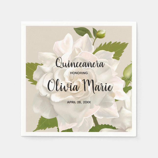 Vintage Botanical Gardenia Floral Quinceañera Napkin (Front)