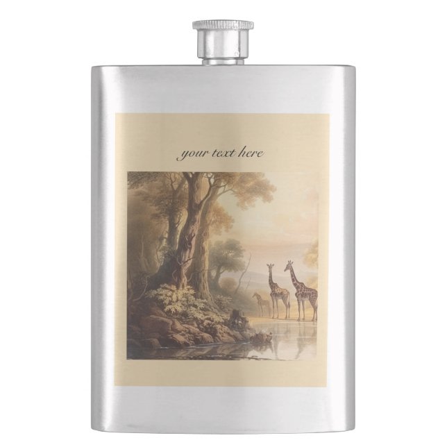 Vintage botanical giraffes, cusomizable  hip flask (Front)