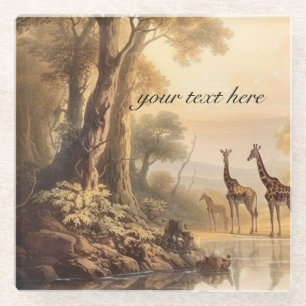 Vintage botanical giraffes, customisable glass coaster