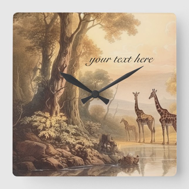 Vintage botanical giraffes, customisable  square wall clock (Front)