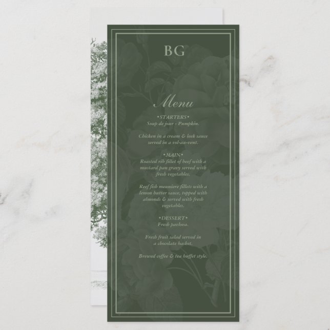 Vintage Botanical Green Garden Party Wedding Theme Menu (Front/Back)