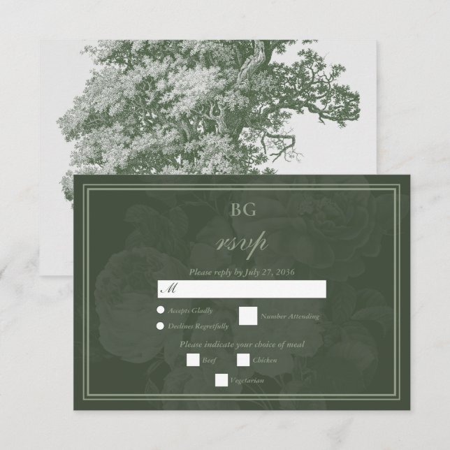 Vintage Botanical Green Garden Party Wedding Theme RSVP Card (Front/Back)