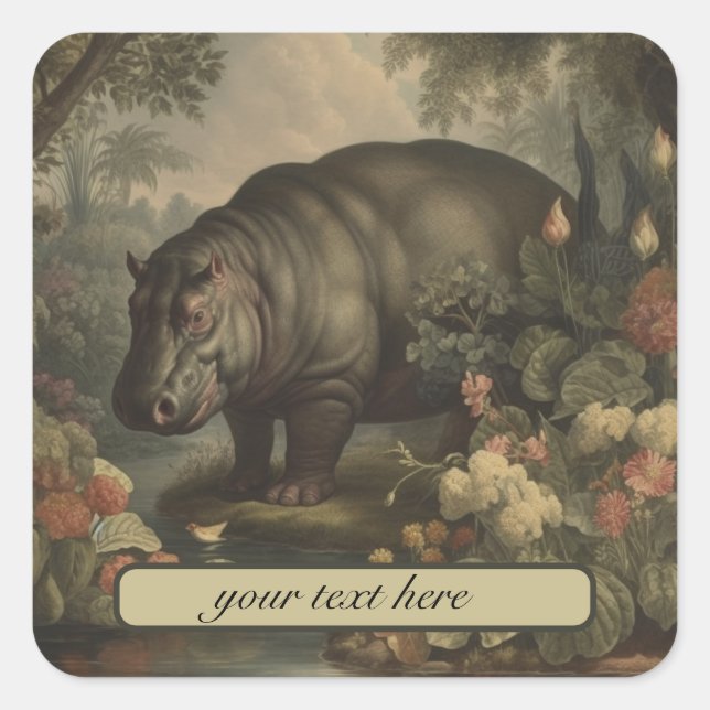 Vintage Botanical Hippo, customisable Square Sticker (Front)