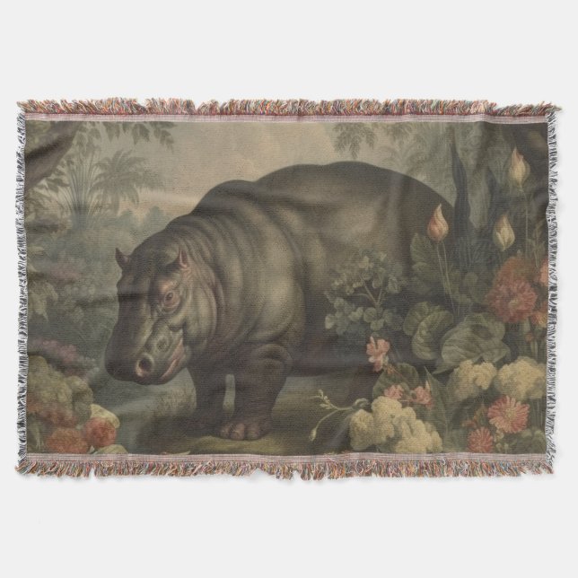 Vintage Botanical Hippo  Throw Blanket (Front)