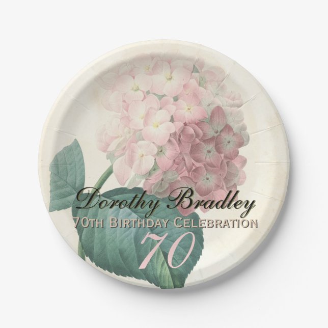 Vintage Botanical Hydrangea 70th Birthday Party PP Paper Plate (Front)